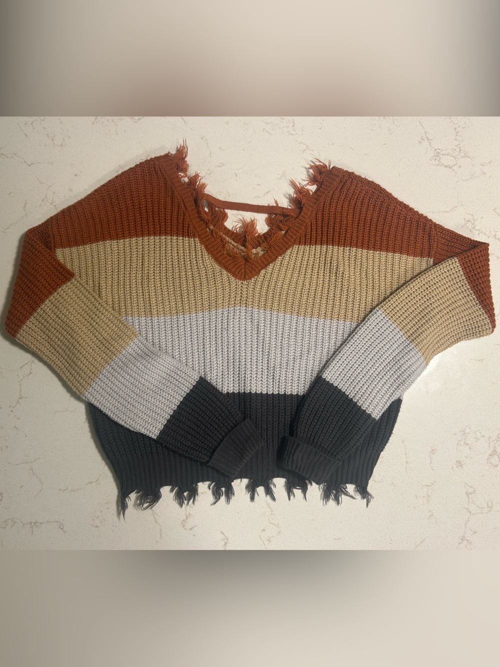Rue21 Distressed Striped V-Neck Sweater in Rust, Cream & Charcoal